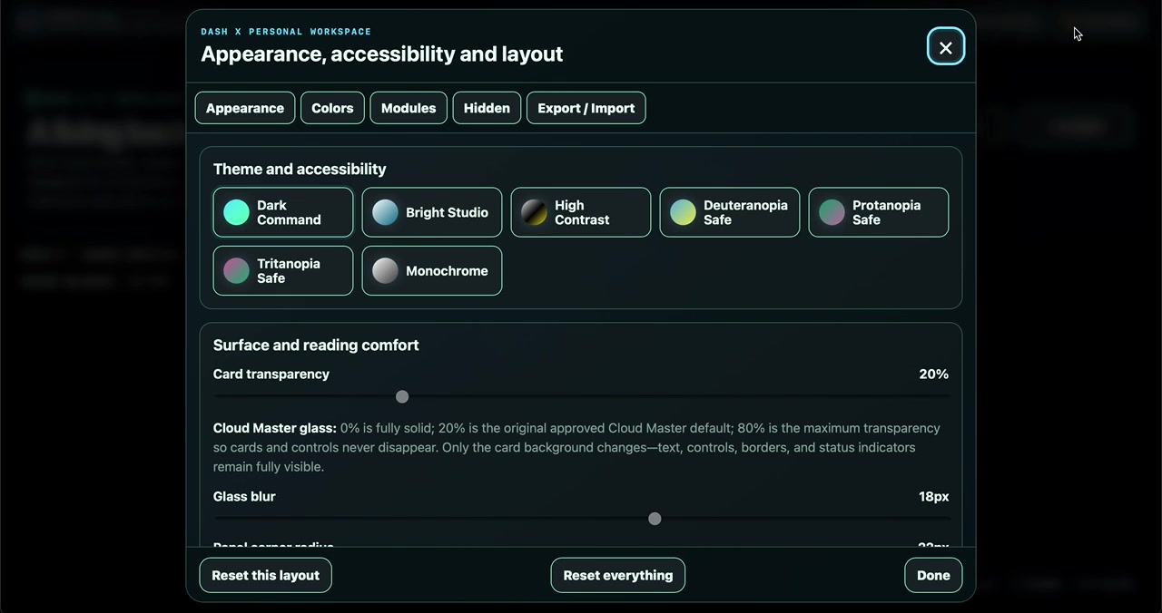 Dash X appearance and accessibility controls showing high contrast and color vision safe modes